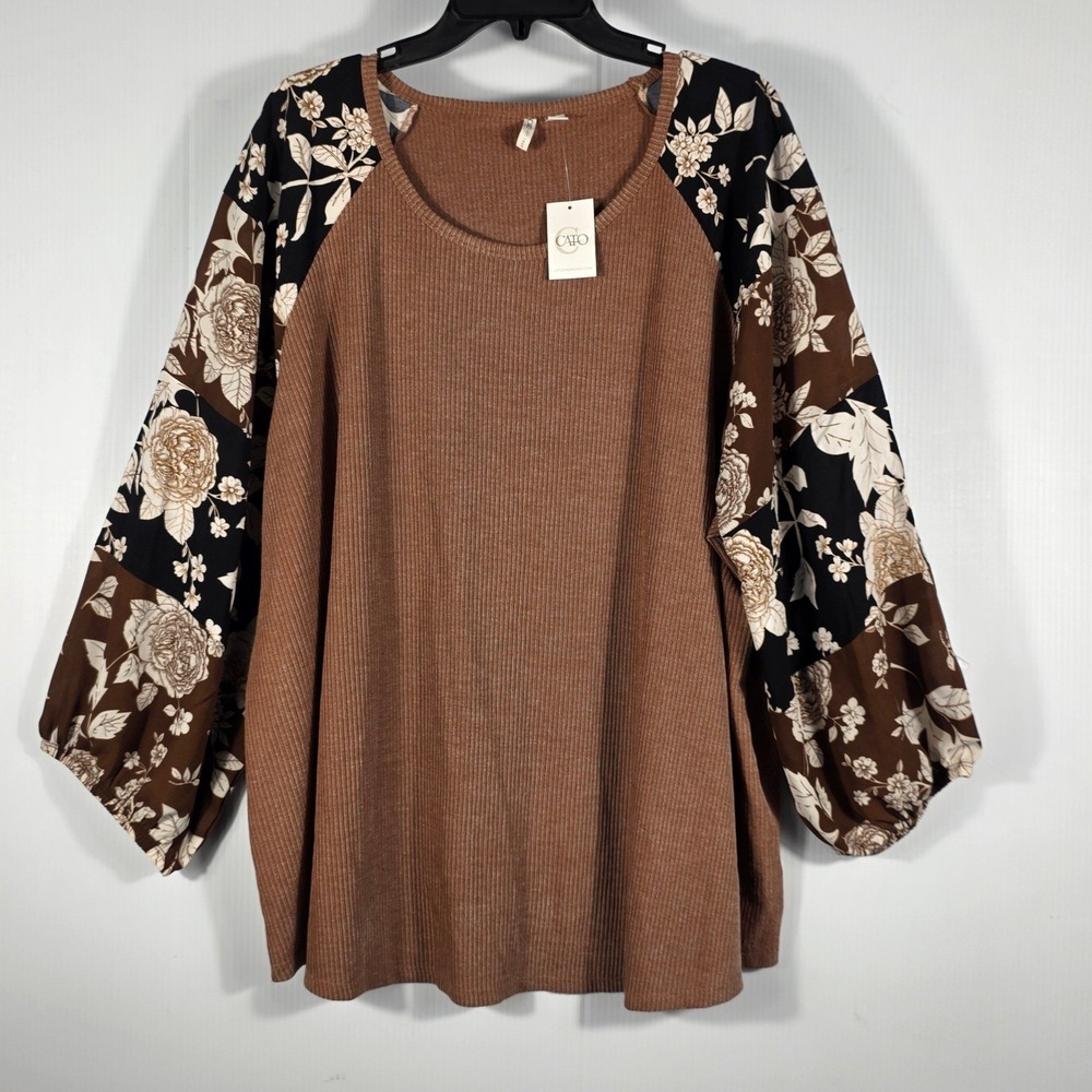 Cato Plus Size 26/28W Brown Ribbed Floral Raglan Balloon Sleeve Top NWT